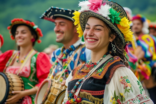 Vreugdevolle mensen in traditionele volkskostuums vieren met muziek en dans in een levendige cultuur