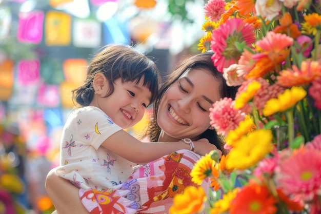 Vreugdevolle moeder omhelst haar verheugde kleine dochter omringd door weelderige tuinbloemen die het samenleven vieren