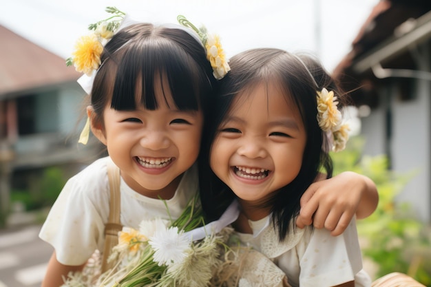 Vreugdevolle momenten Aziatische kinderen Meisje en vriendin glimlachen