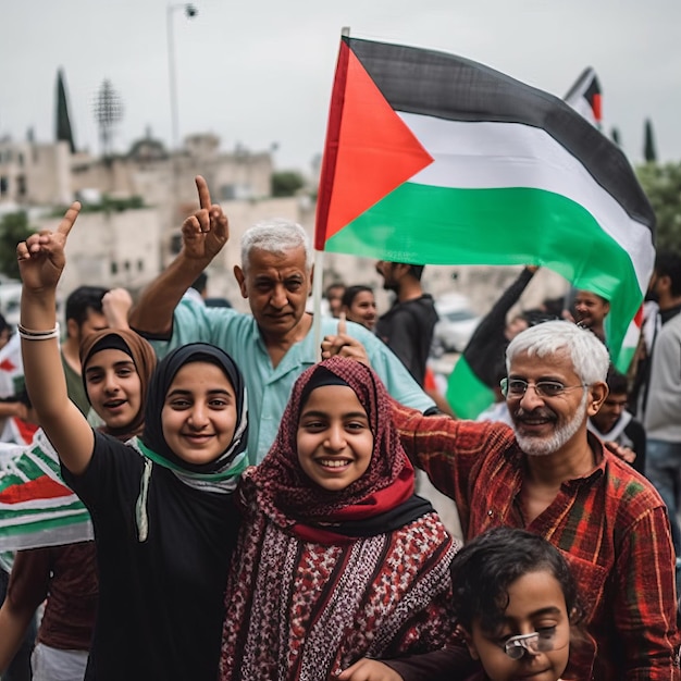 Foto vreugdevolle momenten de palestijnse familie straalt geluk uit in de aanwezigheid van de al-aqsa-moskee