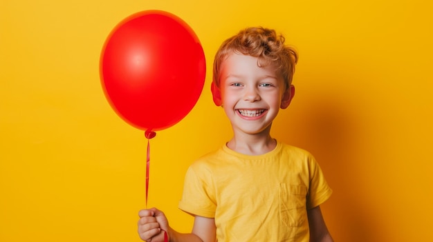 Vreugdevolle momenten Een levendige achtergrond voor uw boodschap Een boeiende blanke jongen met een rode ballon op