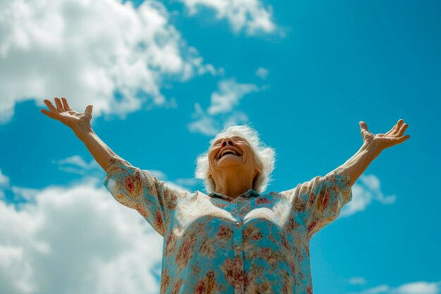 Foto vreugdevolle mooie vrouw die van vrijheid geniet met open armen en een gelukkige glimlach die naar de hemel kijkt