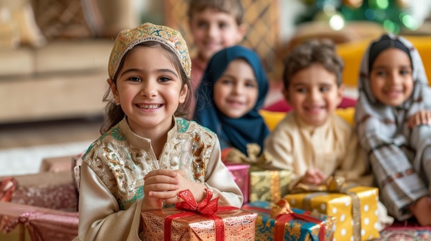 Vreugdevolle moslimkinderen in traditionele kleding delen Eid geschenken