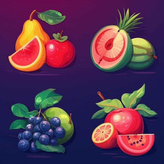 Vreugdevolle oogstfruitpersonages en gelukkige fruitkinderen in levendige tekeningen