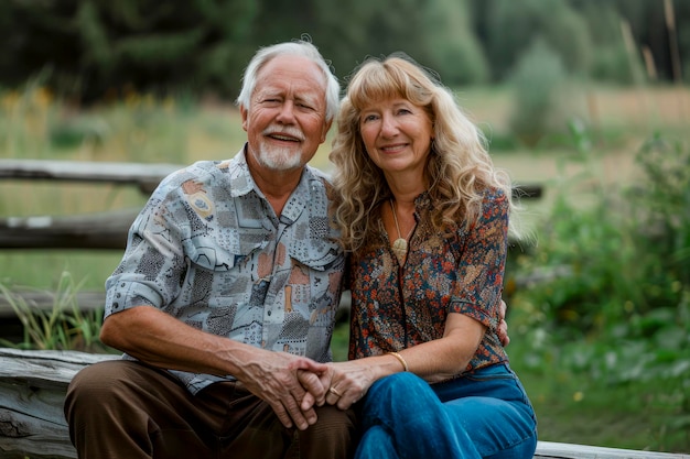 Vreugdevolle oudere echtpaar omarmt het pensioen samen in de natuur actief gelukkig en verliefd