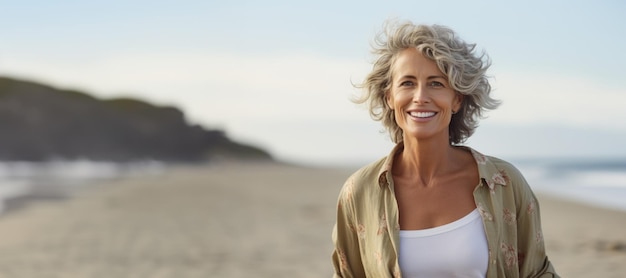 Vreugdevolle oudere vrouw die op het strand loopt Generatieve AI