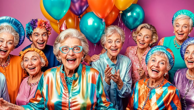 Vreugdevolle oudere vrouw die plezier heeft met muziek met vrienden op oma's verjaardag