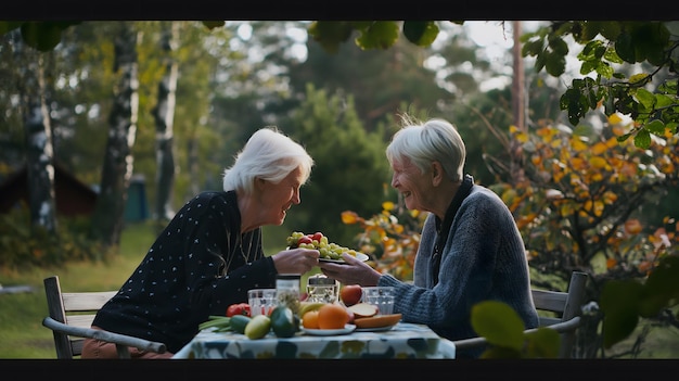Vreugdevolle oudere vrouwen genieten van een gezonde maaltijd in de open lucht