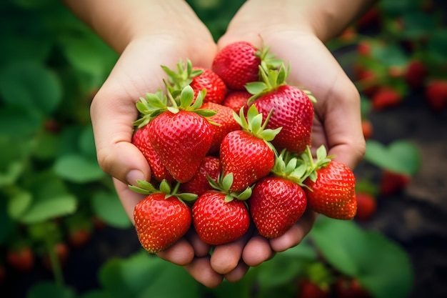 Vreugdevolle plukken met aardbeien in de hand