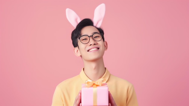 Vreugdevolle positieve Aziatische man met konijnenoren die een paasgeschenk vasthoudt geïsoleerd op een pastelkleurige achtergrond