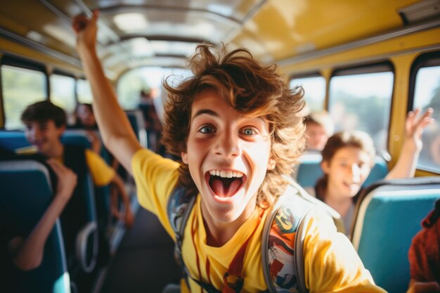 Vreugdevolle rit leerlingen op een schoolbus die lachen en herinneringen creëren op hun reis naar school die de geest van vriendschap en avontuur belichamen tijdens hun reis samen