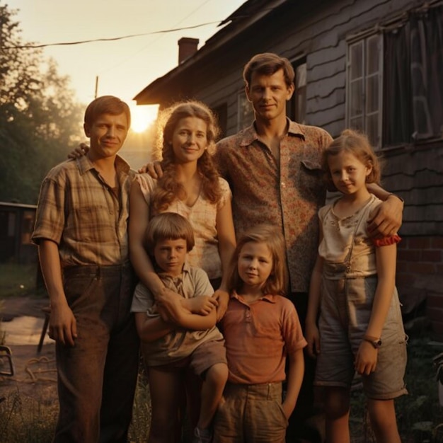 Vreugdevolle Russische familie staat buiten hun huis in de zonsondergang van Moskou