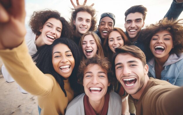 Vreugdevolle selfie tijd Grote groep vrienden die een vreugdevol moment vastleggen