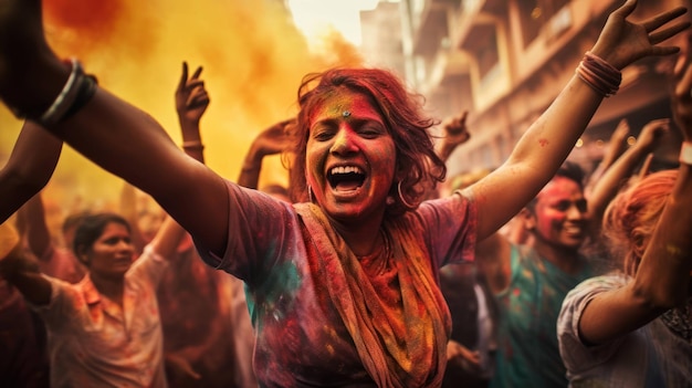 Vreugdevolle sfeer van een Holi-optocht met deelnemers die dansen op levendige muziek