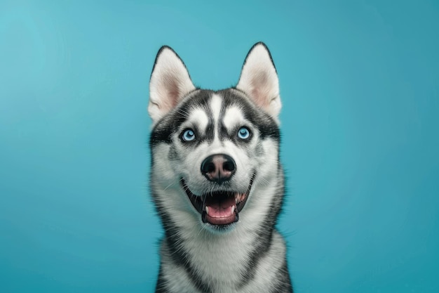 Vreugdevolle Siberische Husky met betoverende blauwe ogen op Teal Generative AI