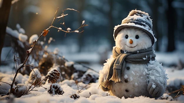 Foto vreugdevolle sneeuwman in het besneeuwde park in de avond