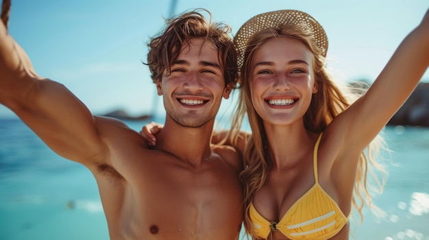 Vreugdevolle stranddag selfie van een jong echtpaar