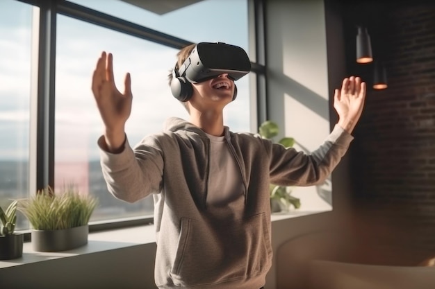 Vreugdevolle tiener speelt virtuele realiteitsbril in zijn kamer generatieve ai