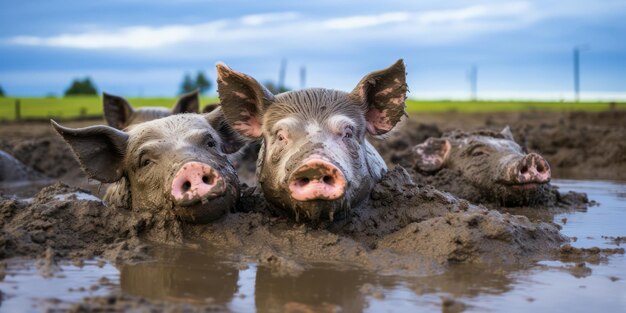 Foto vreugdevolle varken bedekt met modder leuk vuil en speels portret van een jong huisvarken op een boerderij