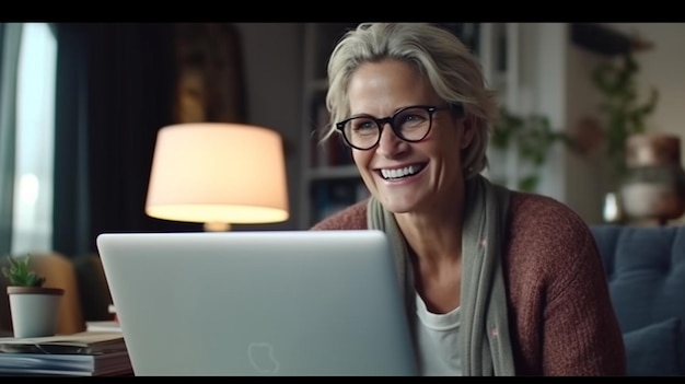 Vreugdevolle volwassen vrouw met een bril die een laptop gebruikt bij homegenerative ai