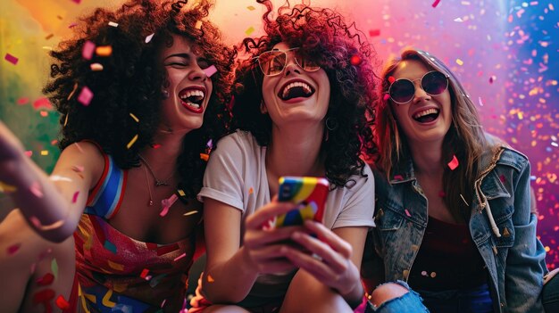 Vreugdevolle vrienden nemen een selfie tijdens een feest met rondvliegende confetti