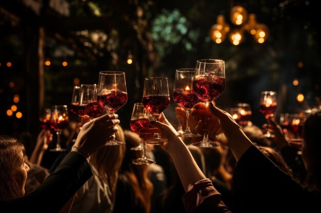 Foto vreugdevolle vrienden vieren met toasts wijn en champagne glazen op een feestelijk kerstfeest