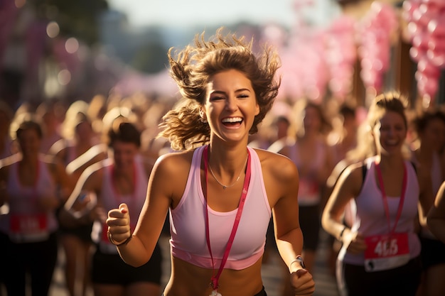Foto vreugdevolle vrouw die deelneemt aan een fondsenwervingsrace haar geest schijnt tegen de strijd tegen kanker