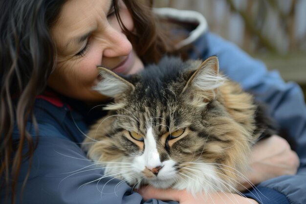 Foto vreugdevolle vrouw die een pluizige boerderijkat knuffelt