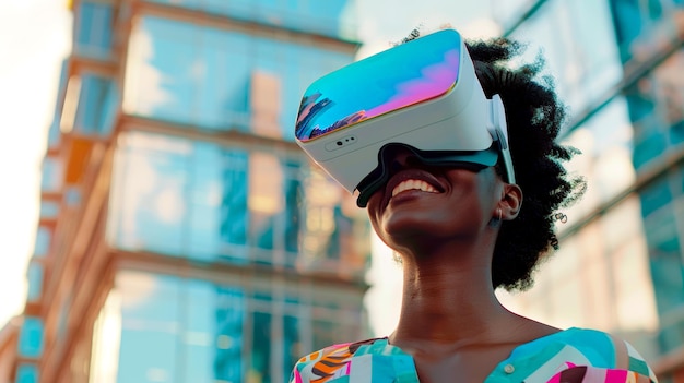 Vreugdevolle vrouw die geavanceerde virtual reality-technologie in de stad gebruikt