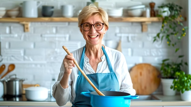 Vreugdevolle vrouw die kookt in een heldere keuken Glimlachende kok met een houten lepel Huiskookconcept met natuurlijk licht Culinary hobby portret AI