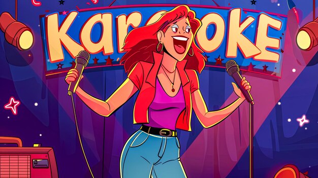 Vreugdevolle vrouw die zingt op een karaoke avond evenement