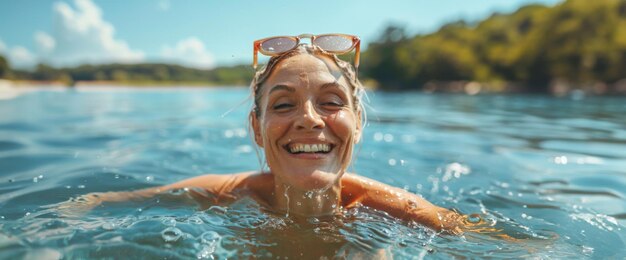 Vreugdevolle vrouw geniet van zee zwemmen op vakantie