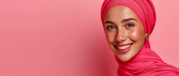 Vreugdevolle vrouw in koraal hijab met oorbellenxA.