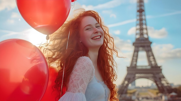 Vreugdevolle vrouw met rode ballonnen geniet van Parijs zonnige dag bij de Eiffeltoren reizen geluk en levensstijl concept casual stijl levendige kleuren AI