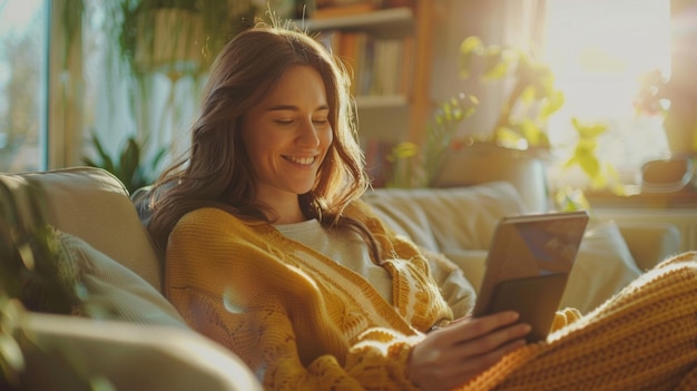 Vreugdevolle vrouw met tablet op bank lichtgevulde kamer vrije tijd en technologie mix casual comfort AI Generative