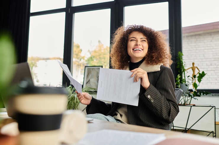Foto vreugdevolle vrouw viert haar succes in haar stijlvolle thuiskantoor met papierwerk in de hand