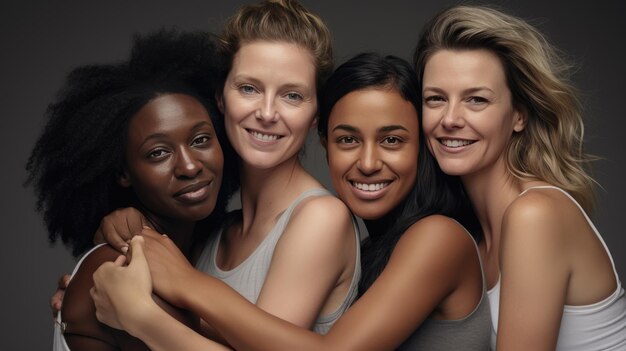 Foto vreugdevolle vrouwen van verschillende nationaliteiten en leeftijden staan samen in een studio