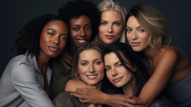 Foto vreugdevolle vrouwen van verschillende nationaliteiten en leeftijden staan samen in een studio