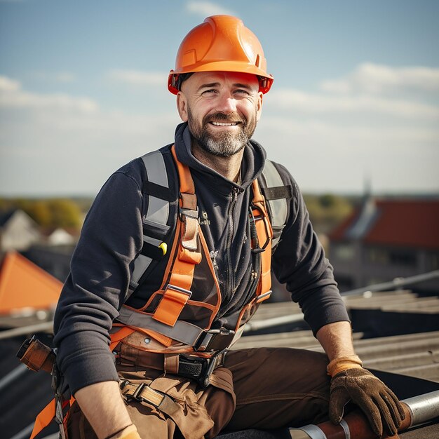 Vreugdevolle werknemer op het dak met ladder