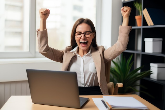 Vreugdevolle zakenvrouw freelance ondernemer glimlacht en verheugt zich in de overwinning terwijl ze aan het bureau zit