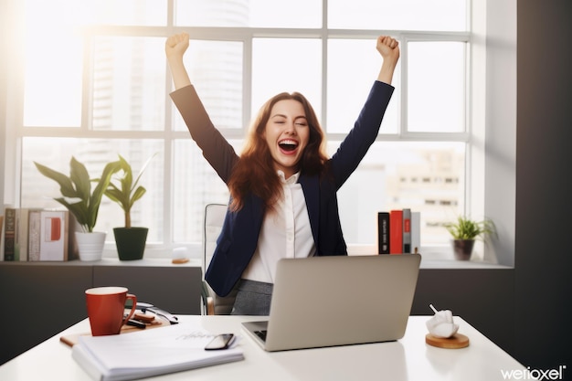 Vreugdevolle zakenvrouw freelance ondernemer glimlacht en verheugt zich in de overwinning terwijl ze aan het bureau zit