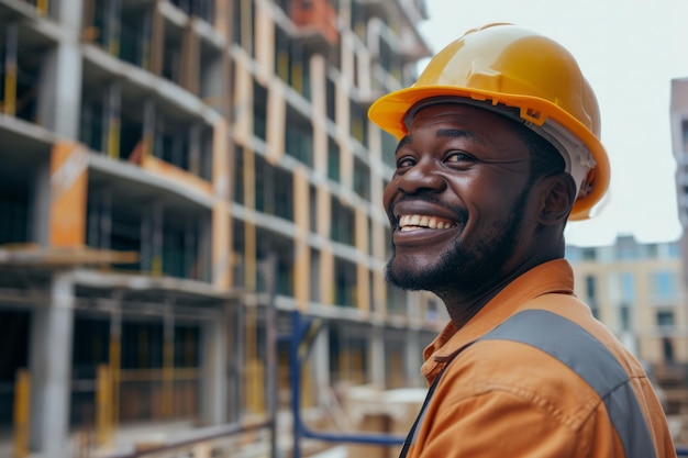 Vreugdevolle zwarte bouwvakker met een stralend gezicht te midden van de bouwomgeving