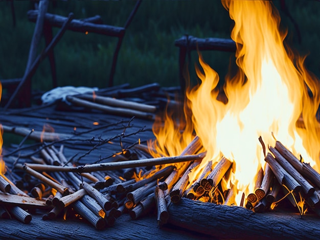 Vreugdevuur in de avond in het bos met brandhout en tenten close-up