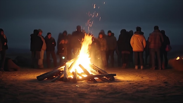 Vreugdevuur met wazige mensen die plezier hebben festivaldag zomerkamp concept nacht feestvrienden hebben