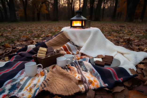 Vreugdevuur omringd door dekens warme chocolademelk en marshmallows voor smores gemaakt met generatieve ai