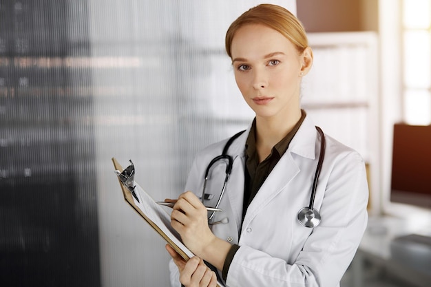 Vriendelijk lachende vrouwelijke arts met klembord in zonnige kliniek. Portret van vriendelijke artsenvrouw op het werk. geneeskunde concept