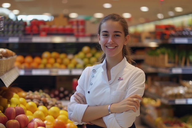 Vriendelijk supermarktpersoneel dat lacht op het werk met AI gegenereerd