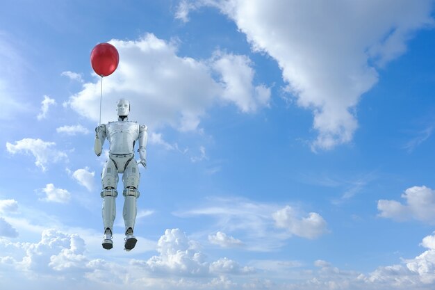 Vriendelijk technologisch concept met 3D-renderingrobot houdt rode ballon omhoog op blauwe lucht