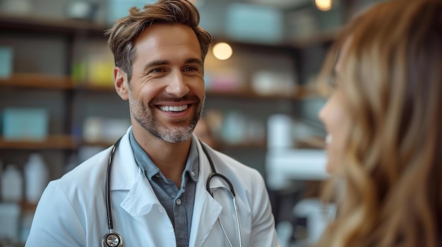 Vriendelijke arts die een gesprek voert met een glimlachende patiënt medische professional in de kliniek vertrouwen opbouwen in de gezondheidszorg AI