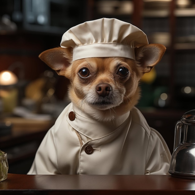 Foto vriendelijke chihuahua hond lijkt op top gastronomie michelin chef